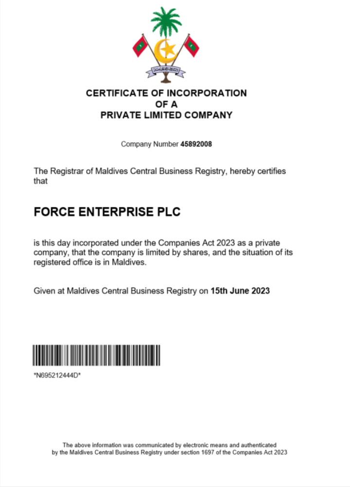 Download Maldives  business registration certificate Word and PDF template Photoshop template